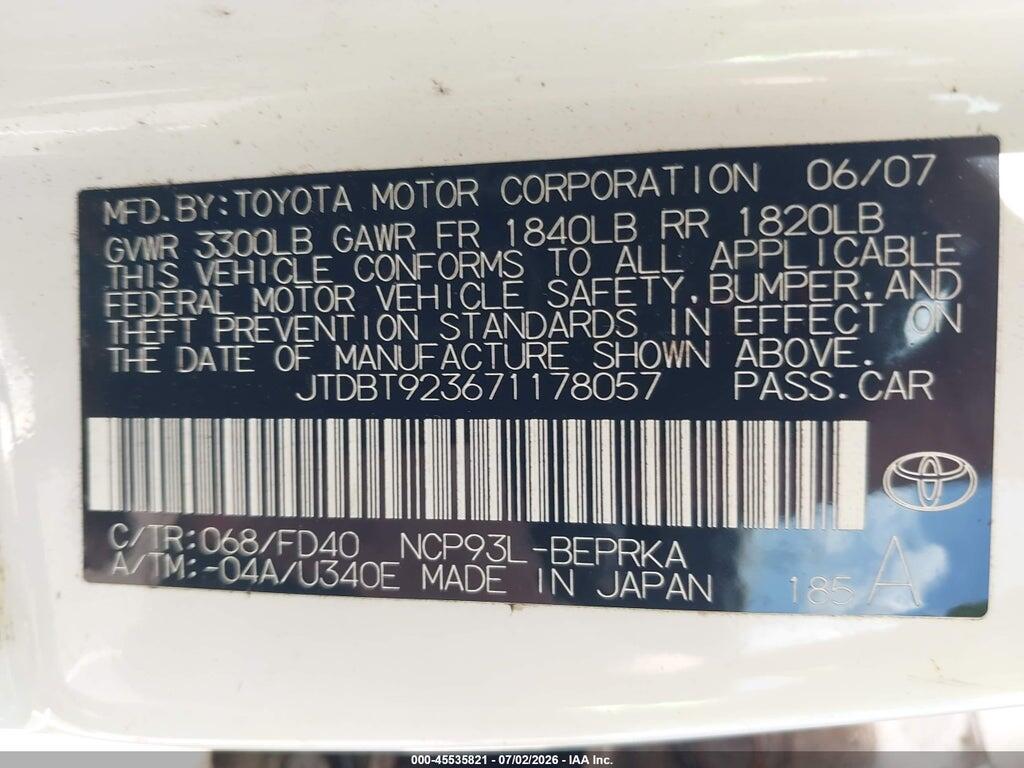 JTDBT923671178057 2007 TOYOTA YARIS photo no. 9