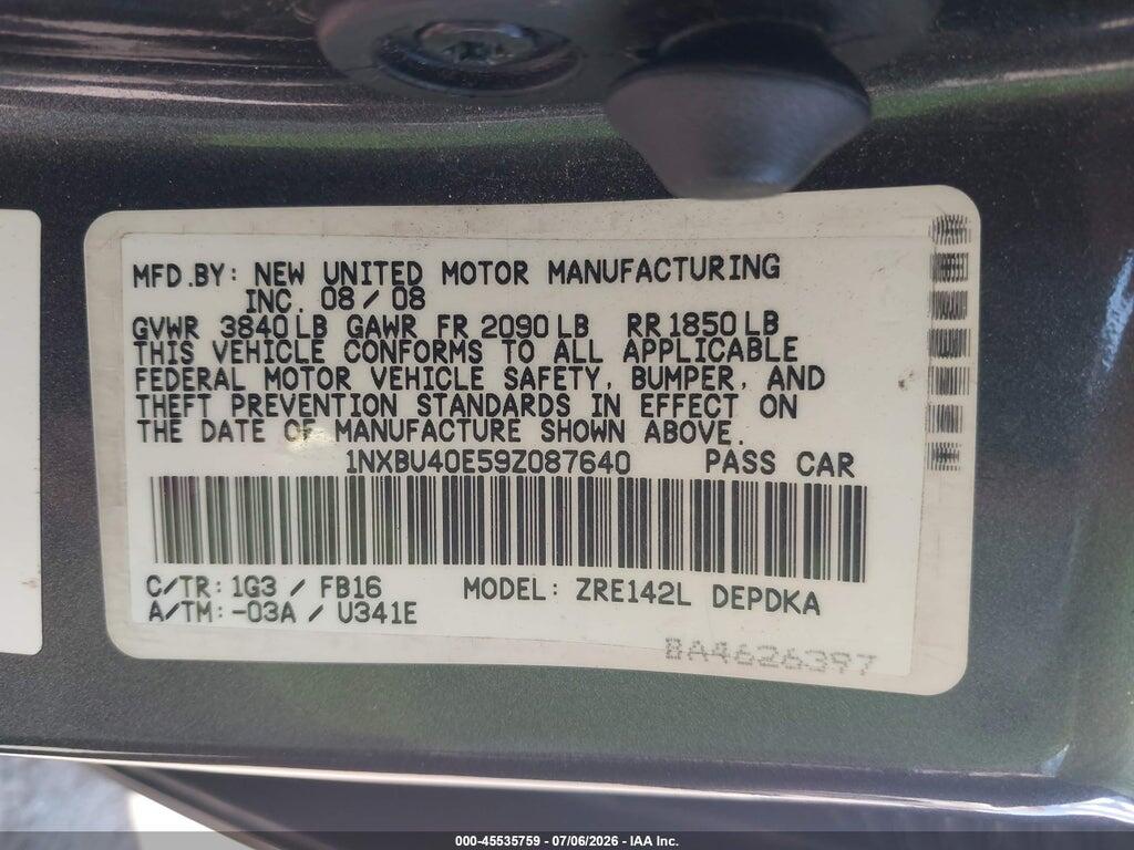 1NXBU40E59Z087640 2009 TOYOTA COROLLA photo no. 9