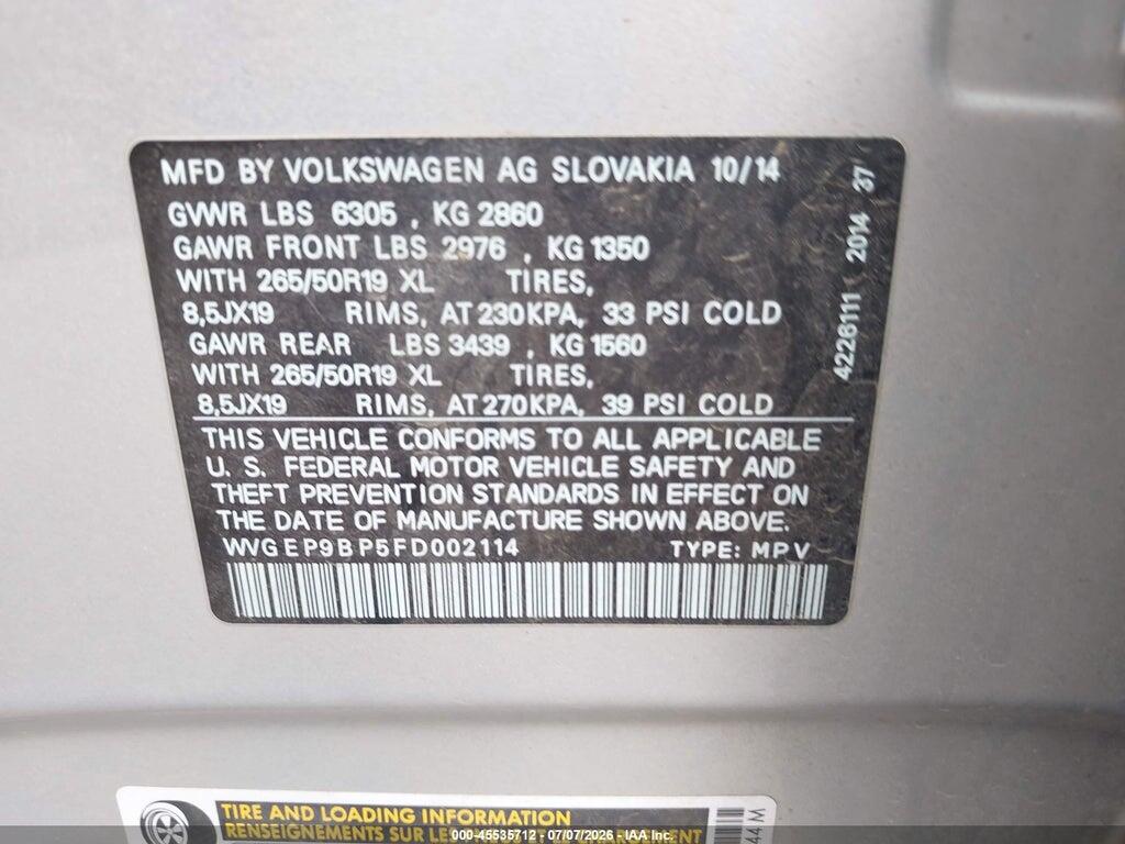 WVGEP9BP5FD002114 2015 VOLKSWAGEN TOUAREG photo no. 9