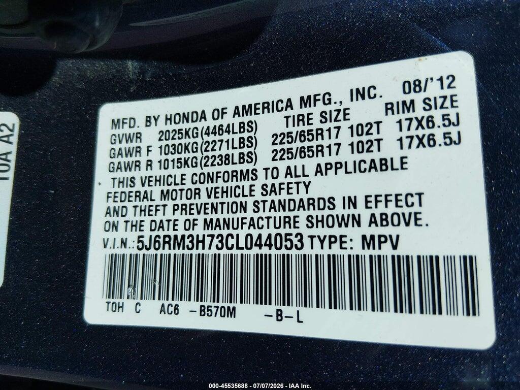 5J6RM3H73CL044053 2012 HONDA CR-V photo no. 9