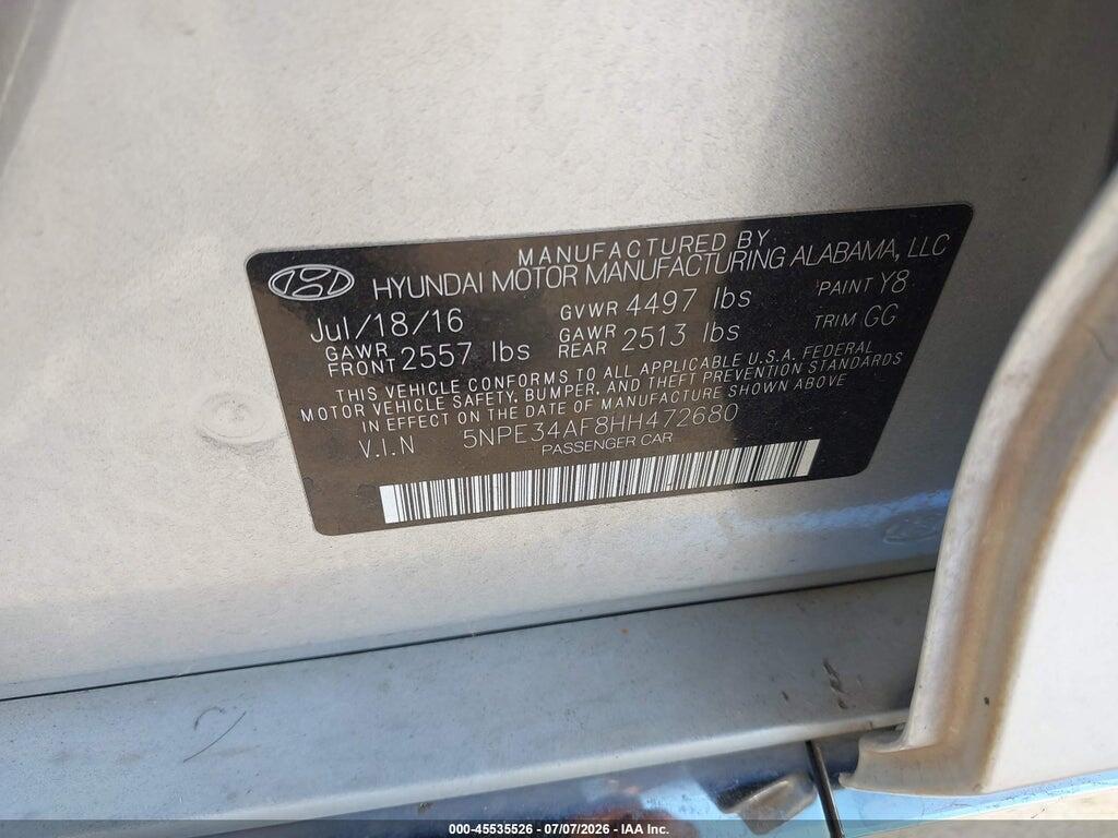 5NPE34AF8HH472680 2017 HYUNDAI SONATA photo no. 9