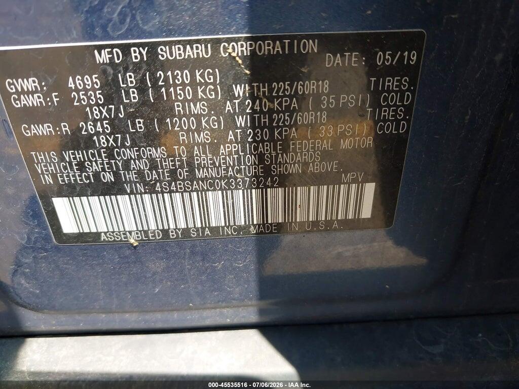4S4BSANC0K3373242 2019 SUBARU OUTBACK photo no. 9