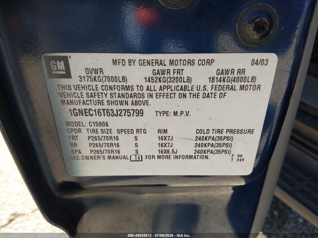 1GNEC16T63J275799 2003 CHEVROLET SUBURBAN 1500 photo no. 9