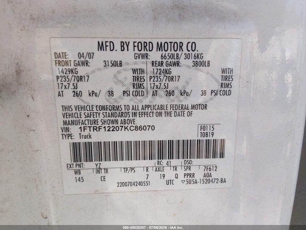 1FTRF12207KC86070 2007 FORD F-150 photo no. 9