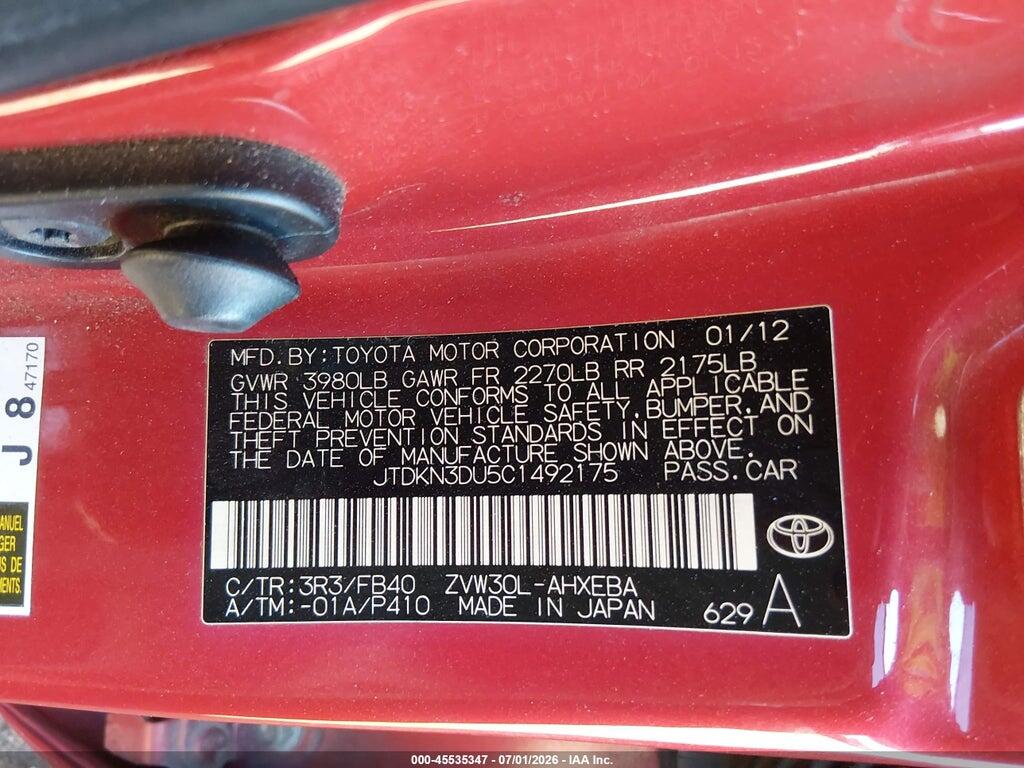 JTDKN3DU5C1492175 2012 TOYOTA PRIUS photo no. 9