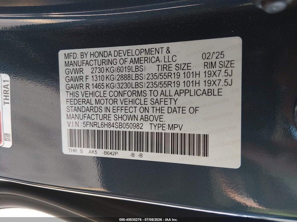 5FNRL6H84SB050982 2025 HONDA ODYSSEY photo no. 9