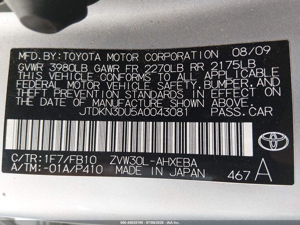 JTDKN3DU5A0043081 2010 TOYOTA PRIUS photo no. 9