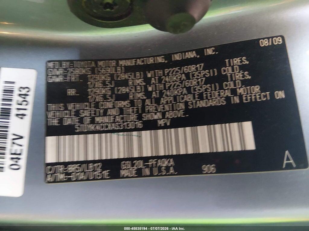 5TDYK4CCXAS313016 2010 TOYOTA SIENNA photo no. 9
