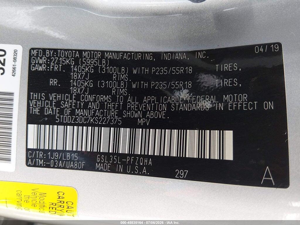5TDDZ3DC7KS227375 2019 TOYOTA SIENNA photo no. 9
