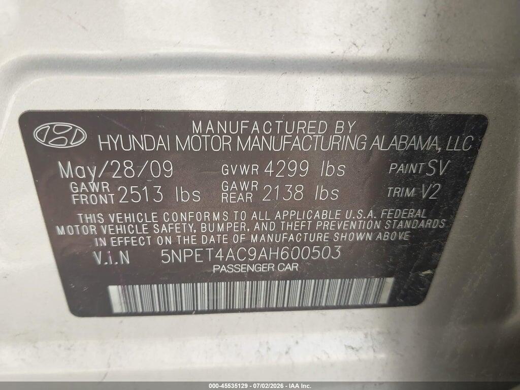 5NPET4AC9AH600503 2010 HYUNDAI SONATA photo no. 9