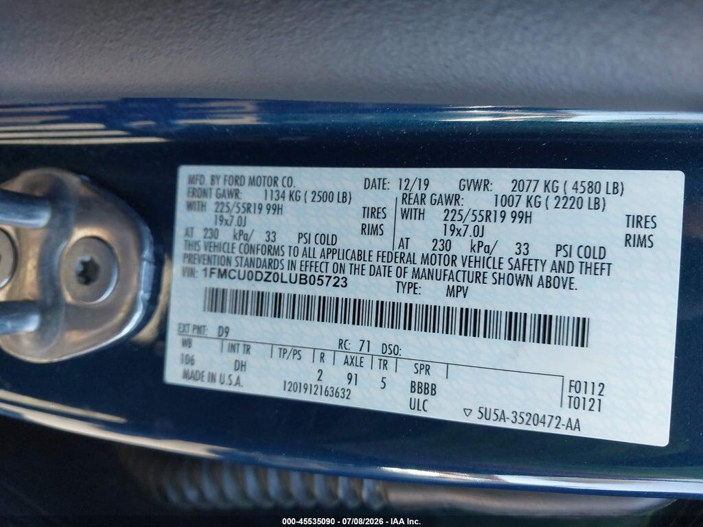 1FMCU0DZ0LUB05723 2020 FORD ESCAPE photo no. 9