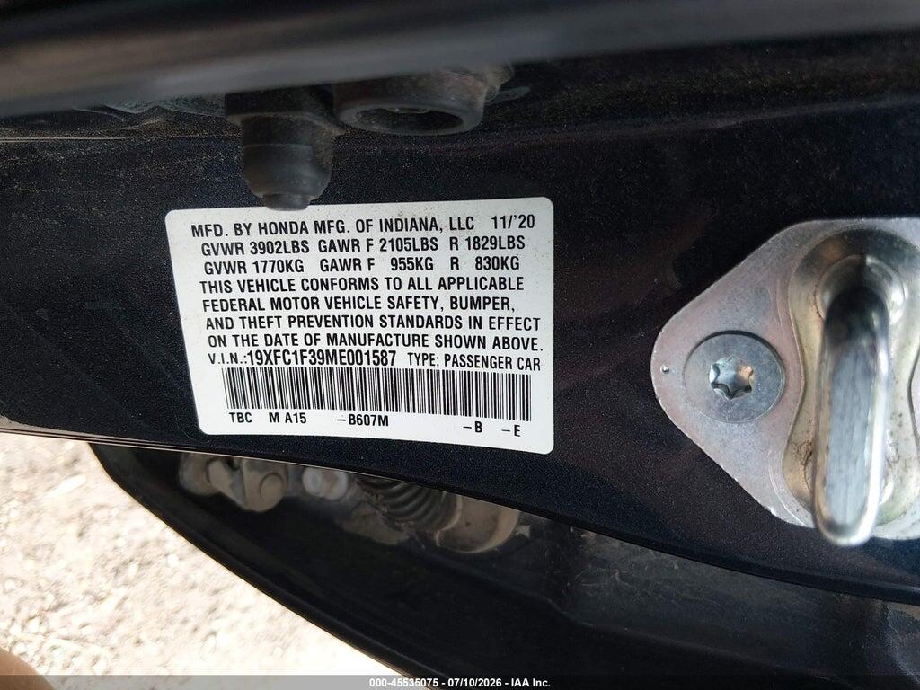 19XFC1F39ME001587 2021 HONDA CIVIC photo no. 9