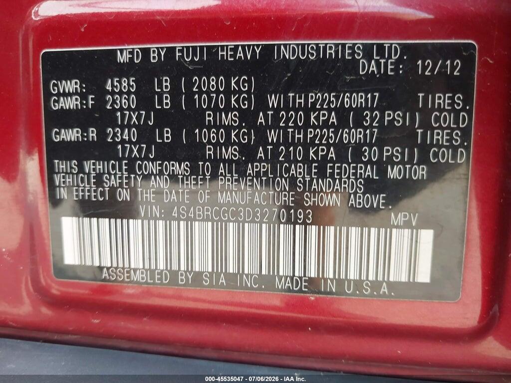4S4BRCGC3D3270193 2013 SUBARU OUTBACK photo no. 9
