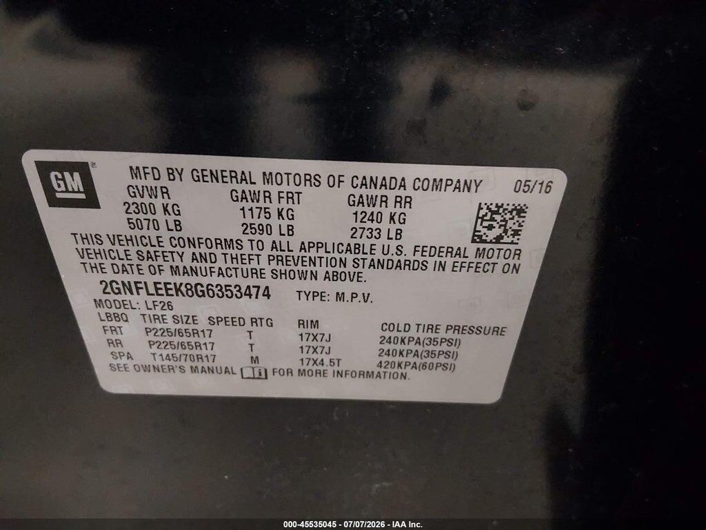 2GNFLEEK8G6353474 2016 CHEVROLET EQUINOX photo no. 9