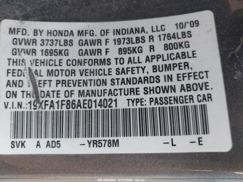 19XFA1F86AE014021 2010 HONDA CIVIC photo no. 9