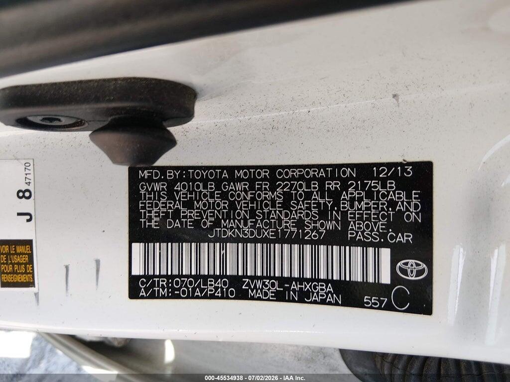 JTDKN3DUXE1771267 2014 TOYOTA PRIUS photo no. 9