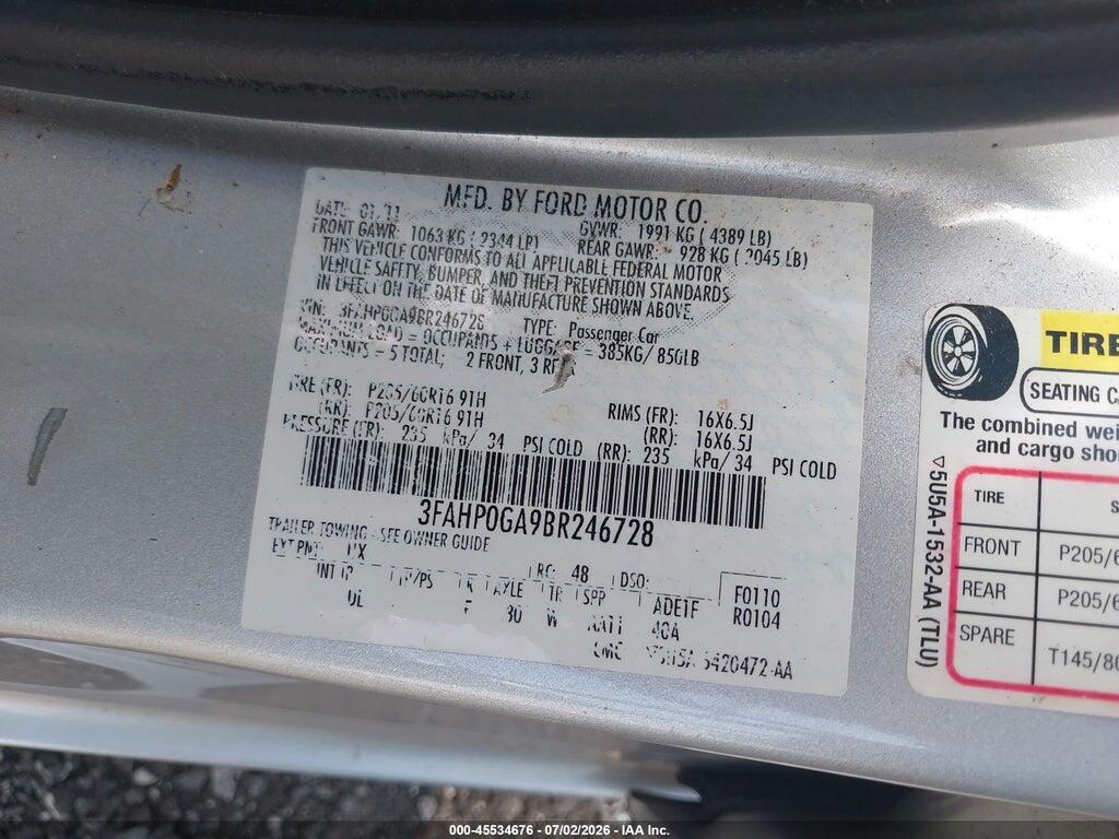 3FAHP0GA9BR246728 2011 FORD FUSION photo no. 9