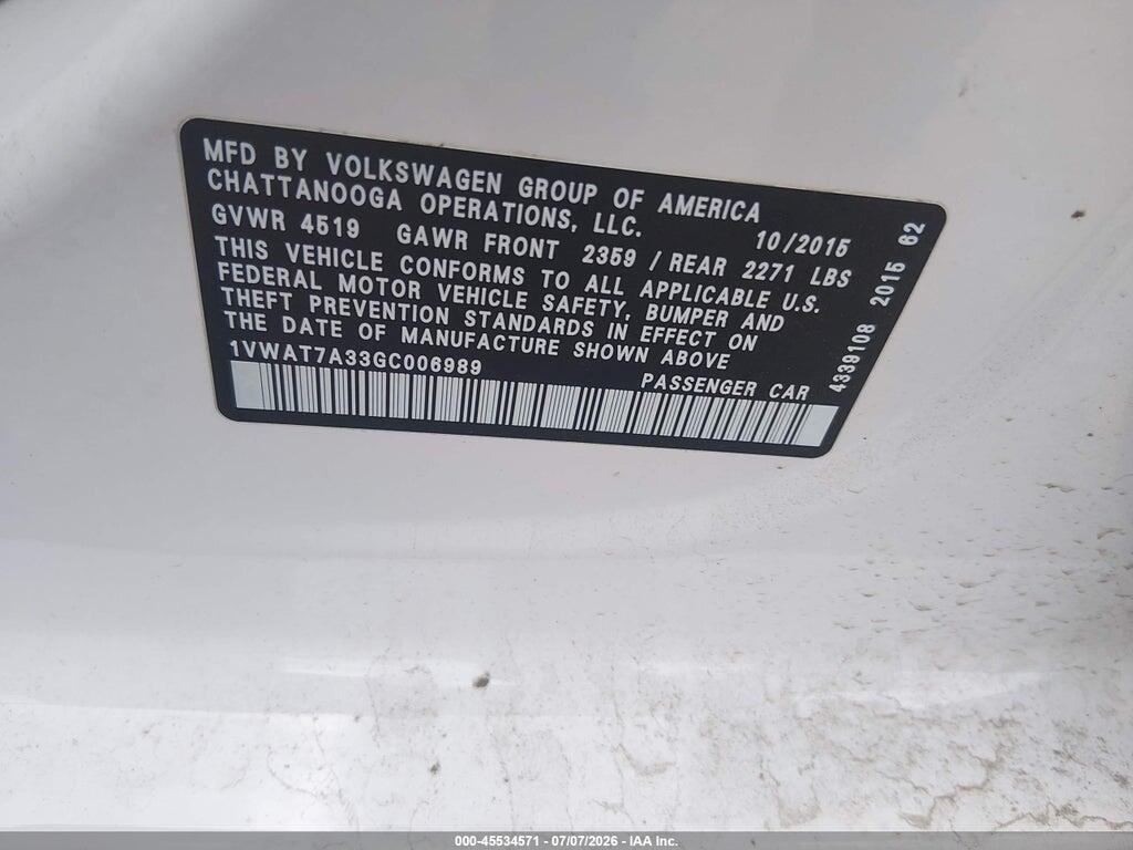 1VWAT7A33GC006989 2016 VOLKSWAGEN PASSAT photo no. 9