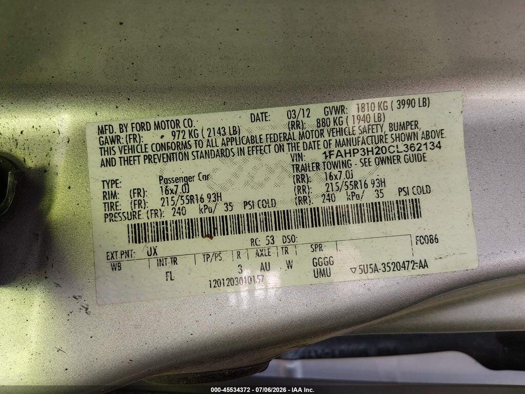 1FAHP3H20CL362134 2012 FORD FOCUS photo no. 9