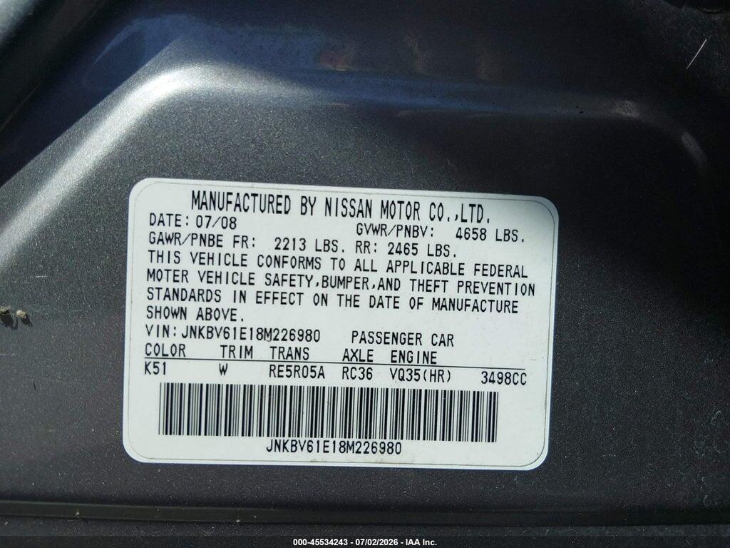 JNKBV61E18M226980 2008 INFINITI G35 photo no. 9