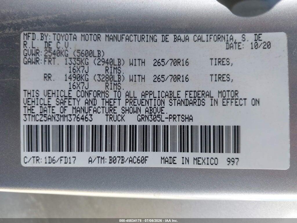 3TMCZ5AN3MM376463 2021 TOYOTA TACOMA photo no. 9