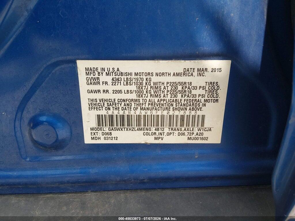 4A4AR4AW6FE027888 2015 MITSUBISHI OUTLANDER SPORT photo no. 9