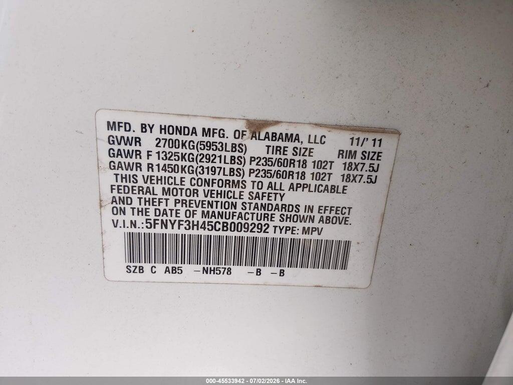 5FNYF3H45CB009292 2012 HONDA PILOT photo no. 9