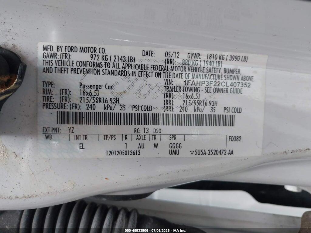 1FAHP3F22CL407352 2012 FORD FOCUS photo no. 9