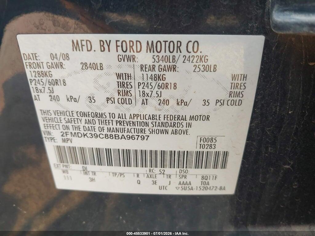 2FMDK39C88B196797 2008 FORD EDGE photo no. 9
