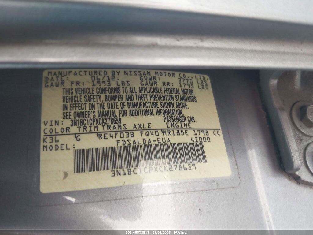 3N1BC1CPXCK278659 2012 NISSAN VERSA photo no. 9