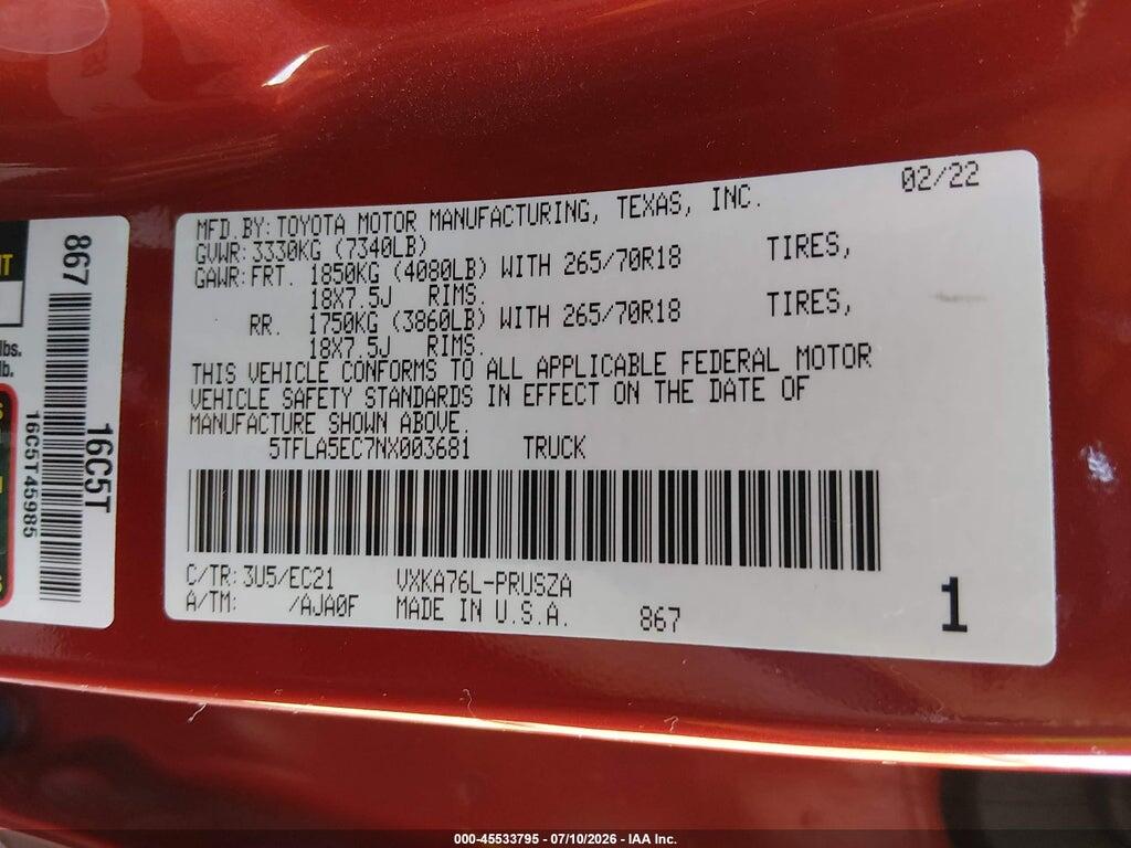 5TFLA5EC7NX003681 2022 TOYOTA TUNDRA photo no. 9