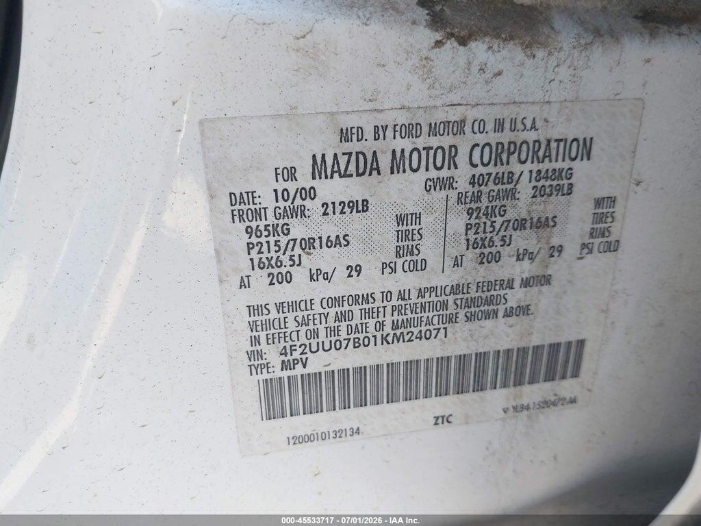 4F2UU07B01KM24071 2001 MAZDA TRIBUTE photo no. 9