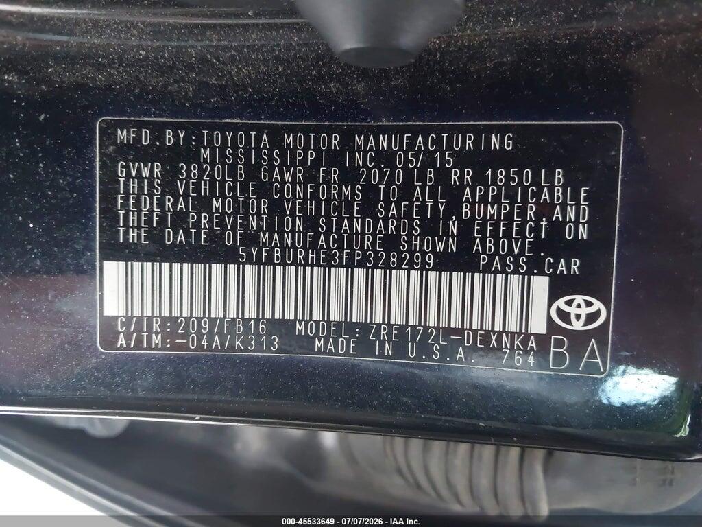 5YFBURHE3FP328299 2015 TOYOTA COROLLA photo no. 9