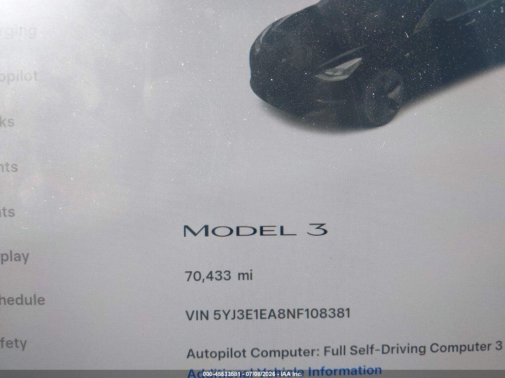 5YJ3E1EA8NF108381 2022 TESLA MODEL 3 photo no. 9