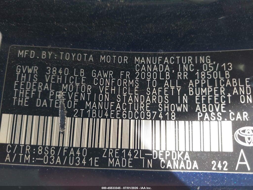 2T1BU4EE6DC097418 2013 TOYOTA COROLLA photo no. 9