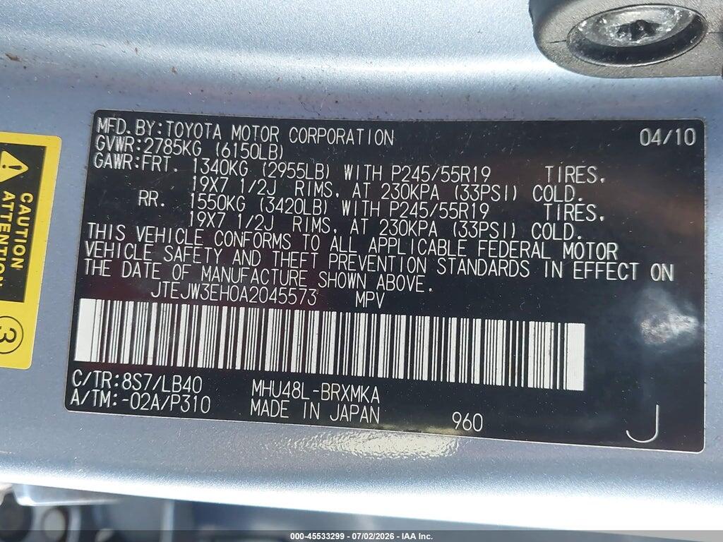 JTEJW3EH0A2045573 2010 TOYOTA HIGHLANDER HYBRID photo no. 9