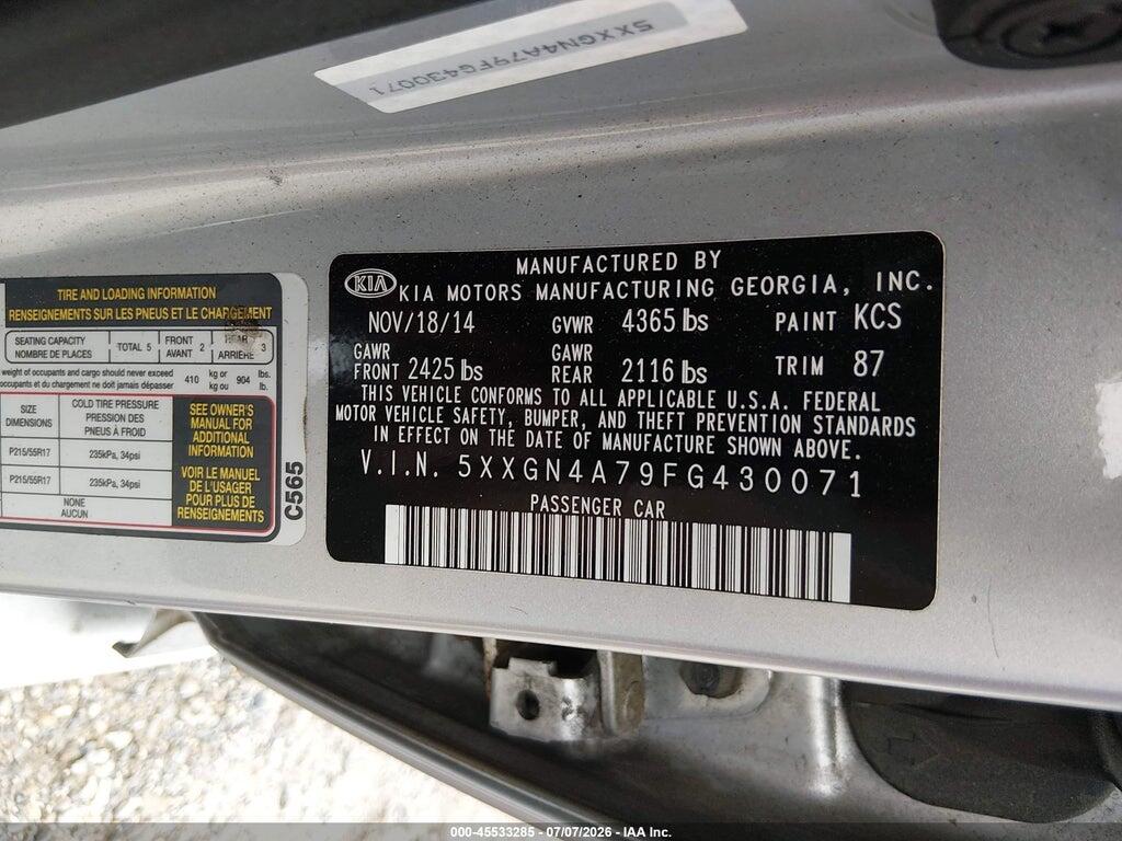 5XXGN4A79FG430071 2015 KIA OPTIMA photo no. 9