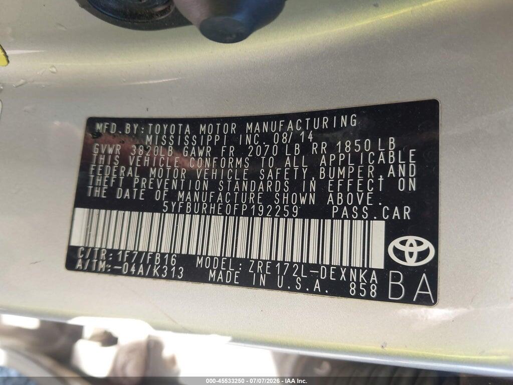 5YFBURHE0FP192259 2015 TOYOTA COROLLA photo no. 9