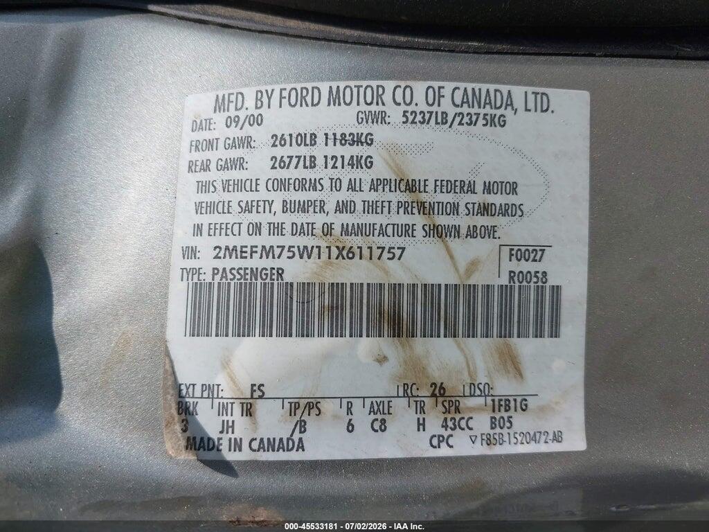 2MEFM75W11X611757 2001 MERCURY GRAND MARQUIS photo no. 9