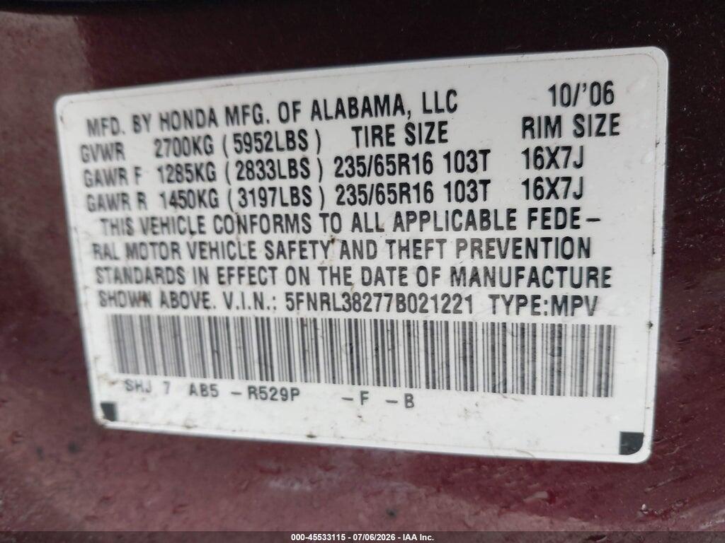 5FNRL38277B021221 2007 HONDA ODYSSEY photo no. 9