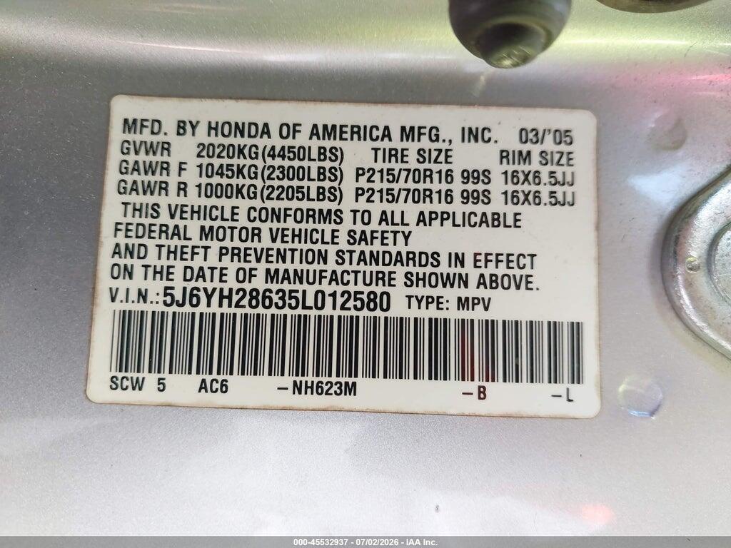5J6YH28635L012580 2005 HONDA ELEMENT photo no. 9