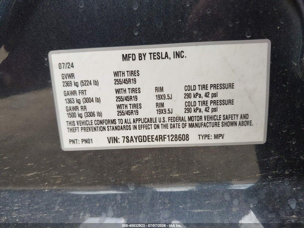 7SAYGDEE4RF128608 2024 TESLA MODEL Y photo no. 9