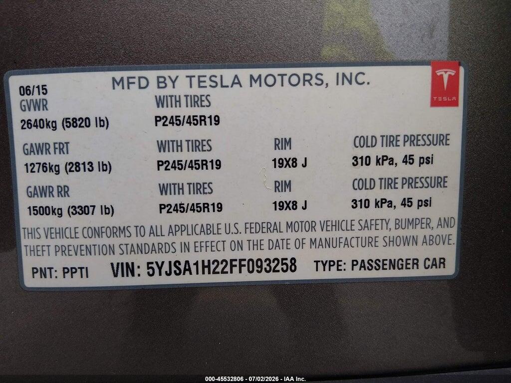 5YJSA1H22FF093258 2015 TESLA MODEL S photo no. 9