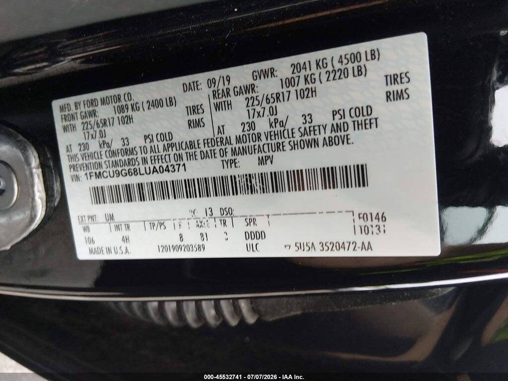 1FMCU9G68LUA04371 2020 FORD ESCAPE photo no. 9