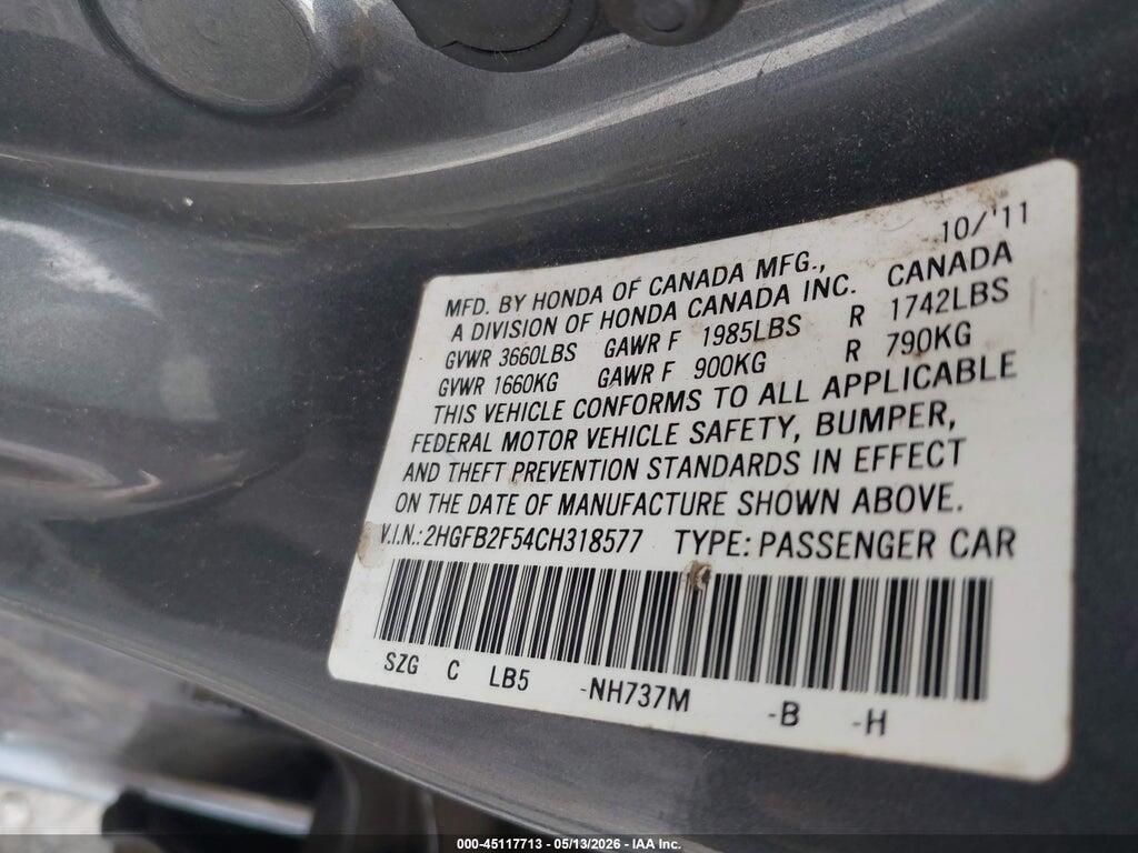 2HGFB2F54CH318577 2012 HONDA CIVIC photo no. 9
