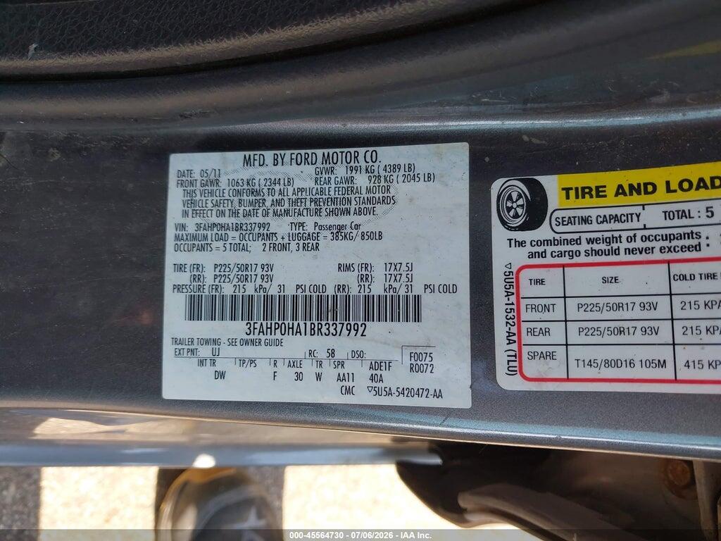 3FAHP0HA1BR337992 2011 FORD FUSION photo no. 9