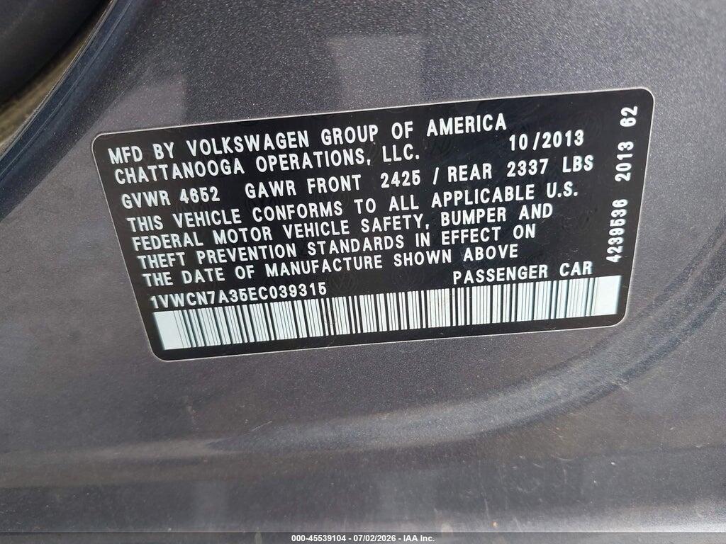 1VWCN7A35EC039315 2014 VOLKSWAGEN PASSAT photo no. 9