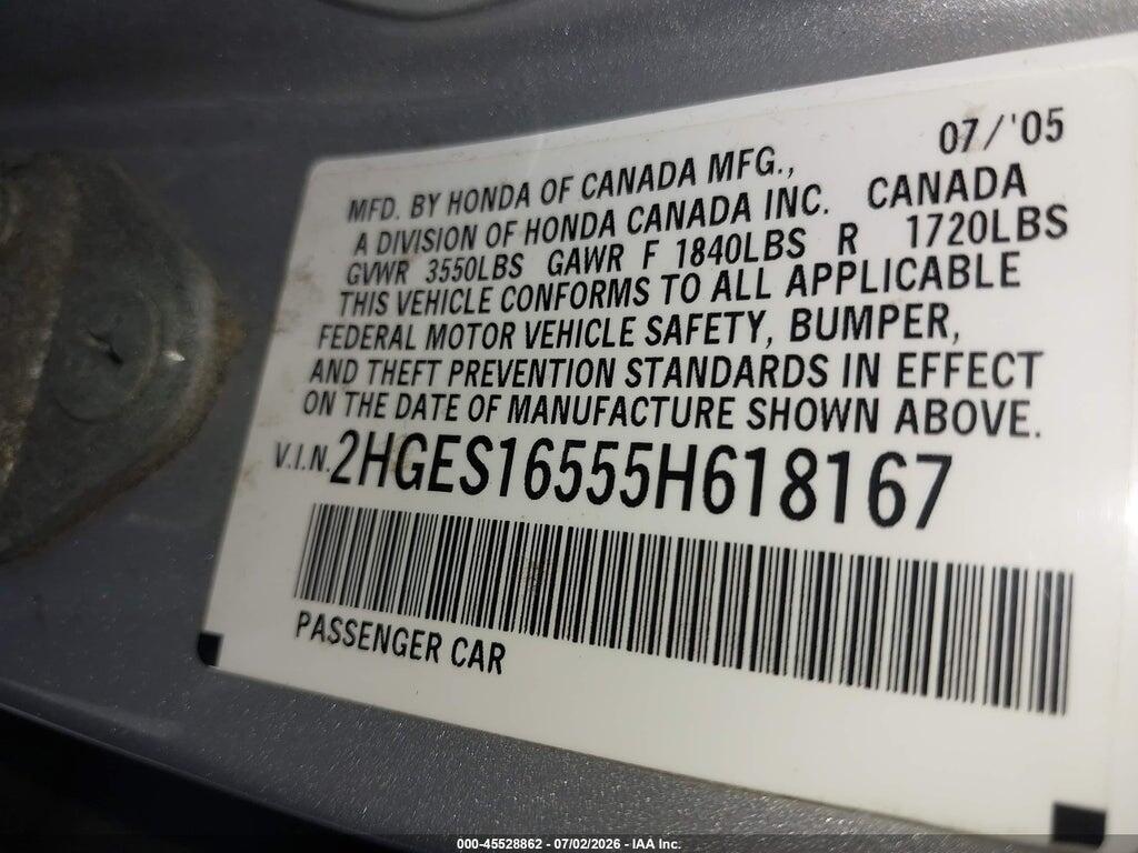 2HGES16555H618167 2005 HONDA CIVIC photo no. 9