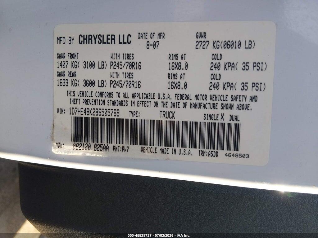 1D7HE48K28S505769 2008 DODGE DAKOTA photo no. 9