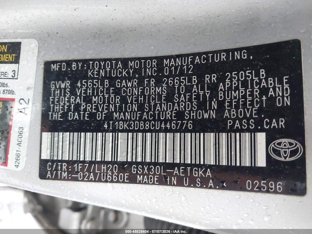 4T1BK3DB8CU446776 2012 TOYOTA AVALON photo no. 9